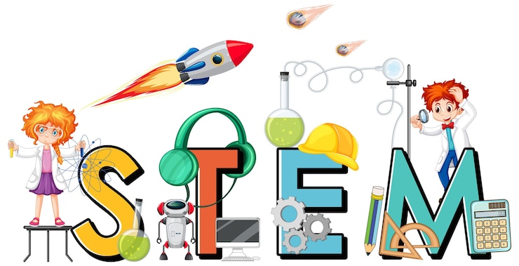 Free Vector stem logo with kids cartoon character and education icon elements