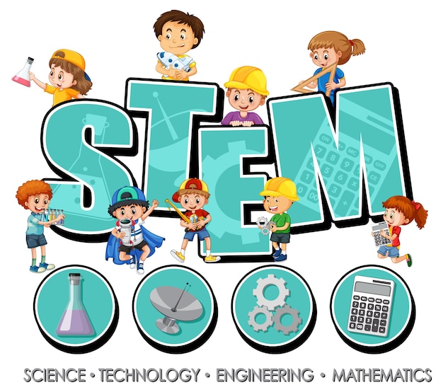 Логотип STEM со многими детьми и обучающими значками