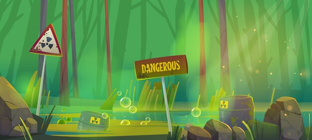 Stench dirty swamp with toxic waste barrels and warning signs Vector cartoon illustration of environment pollution Forest landscape with marsh with radiation contamination