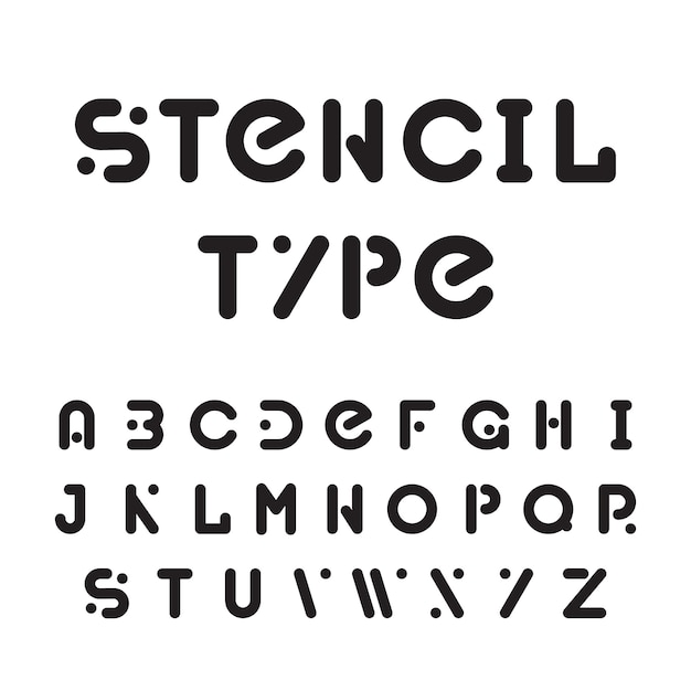 Stencil typeface, black modular round alphabet