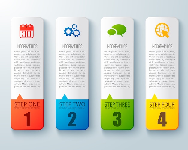 Step by step infographic layout with four  paperboard vertical tables for business tutorial flat