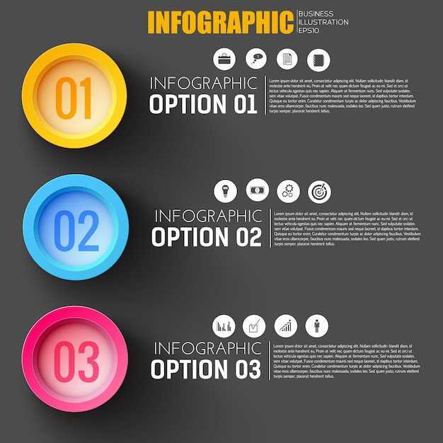 Fasi del modello di infographic di sviluppo aziendale con set di icone e pulsanti di opzione