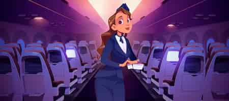 Free vector stewardess with ticket inside airplane cabin. woman air hostess check boarding pass. vector cartoon illustration of plane interior with empty chairs and girl in professional uniform with flight coupon