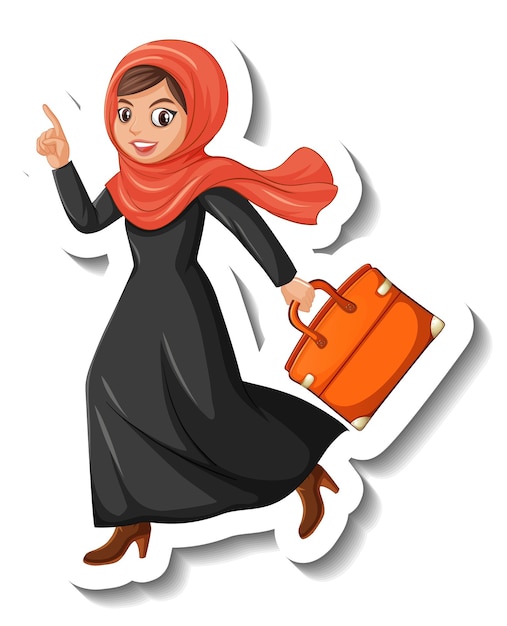 Sticker cartoon character of muslim woman holding bag on white background