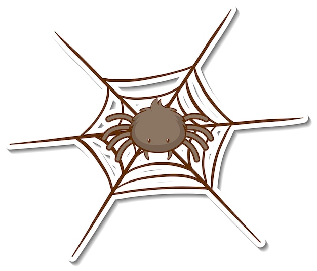 Sticker Cute Spider On Web On White Background