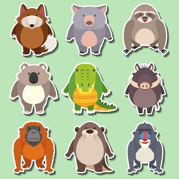 Free vector sticker design for wild animals on green background