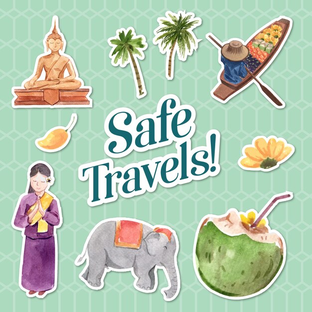 Дизайн наклейки с концепцией путешествия по Азии для персонажа из мультфильма, изолированных акварель векторные иллюстрации