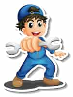 Free vector sticker design with auto mechanic cartoon character