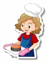 Free vector sticker design with baker girl holding baked tray