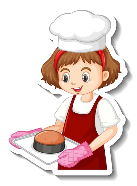 Free vector sticker design with baker girl holding baked tray