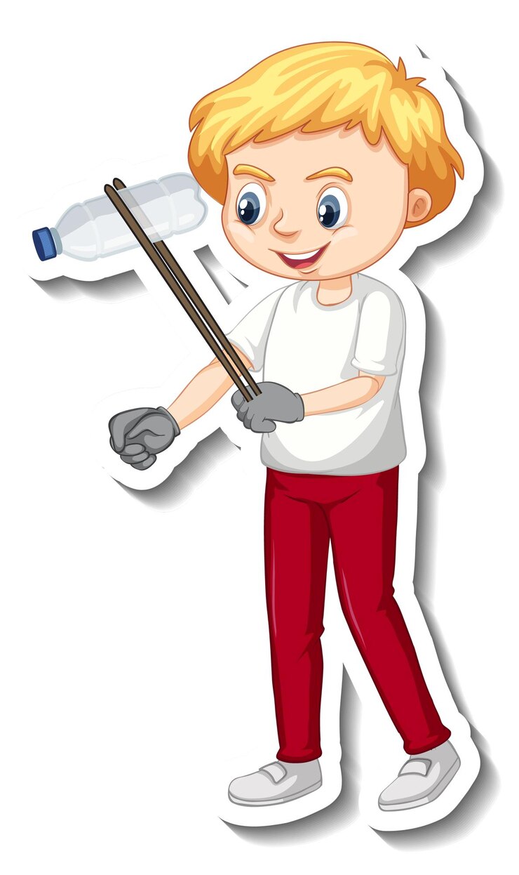 मुफ़्त वेक्टर sticker design with a boy collecting garbage