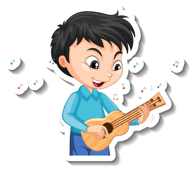 Free vector sticker design with a boy playing ukulele