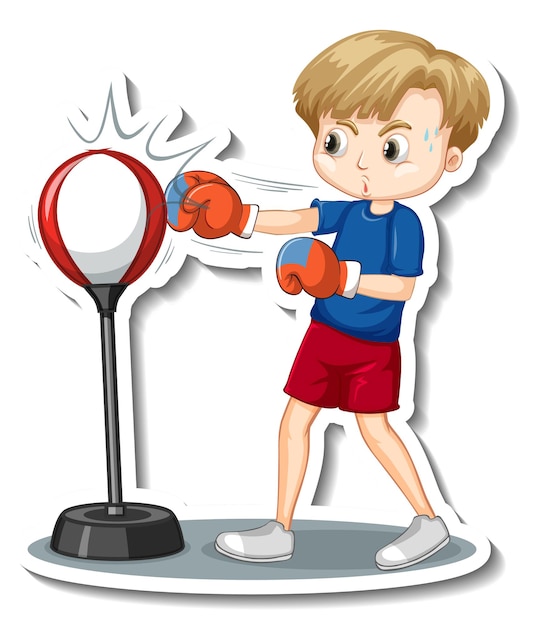 Free vector sticker design with a boy punching bag cartoon character