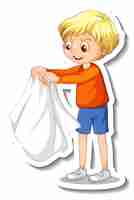 Free vector sticker design with a boy take off his coat isolated