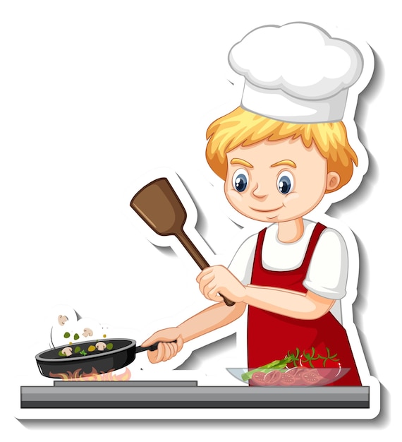 Sticker design with chef boy cooking food cartoon character