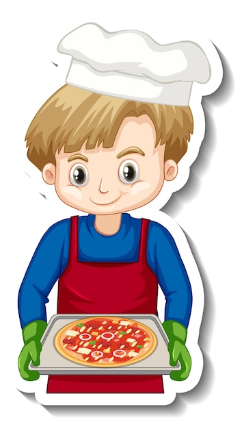 Sticker design with chef boy holding pizza tray