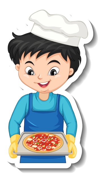 Free vector sticker design with chef boy holding pizza tray