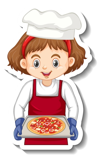 Free vector sticker design with chef girl holding pizza tray