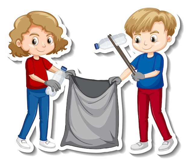 Free vector sticker design with children collecting garbage