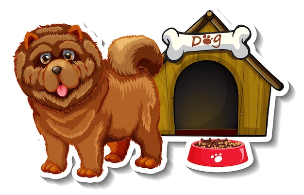 Free vector sticker design with chow chow dog standing infront of dog house