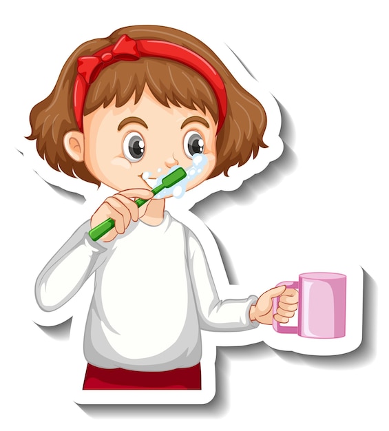 Free vector sticker design with a girl brushing her tooth cartoon character