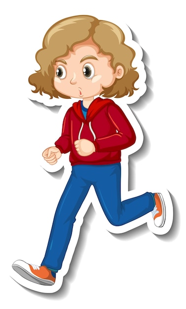 Sticker design with a girl jogging cartoon character