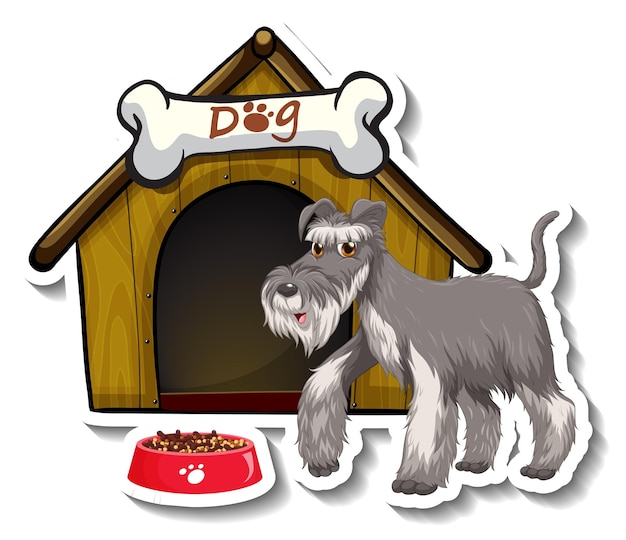 Дизайн наклейки с серой собакой шнауцера, стоящей перед собачьей будкой