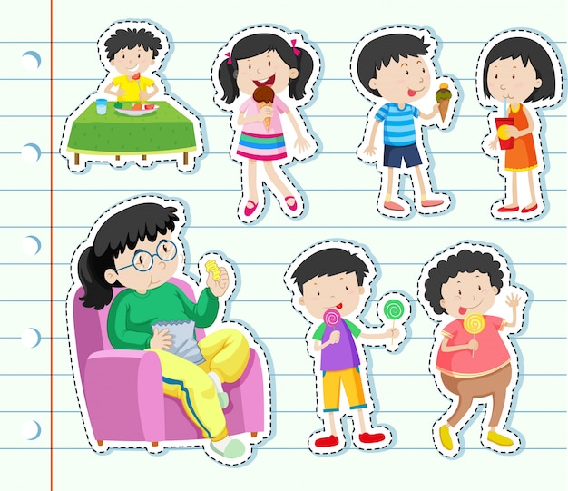 Free vector sticker design with many kids eating sweets