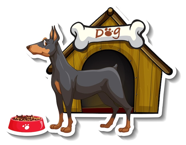 Sticker design with miniature pinscher standing in front of dog house