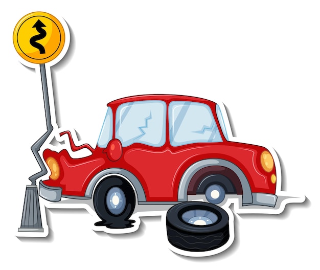 Sticker design with wrecked car isolated