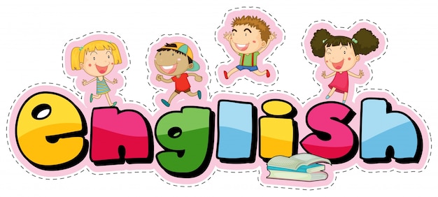 Free vector sticker design for word english with happy kids