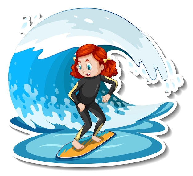 Sticker a girl standing on surfboard with water wave