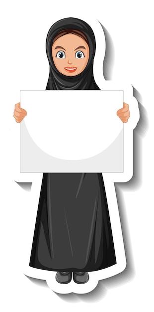 Free vector sticker muslim woman holding blank board on white background