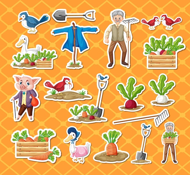 Free vector sticker pack of farm objects and old farmer cartoon characters