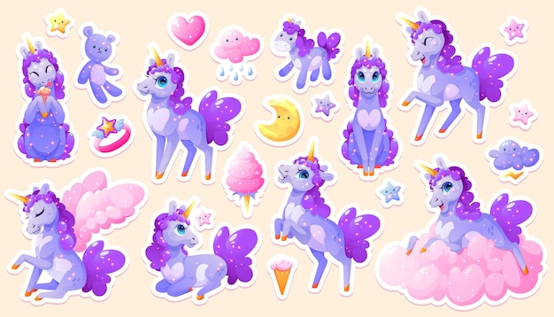 Sticker pack with magic unicorn, cute cartoon pony
