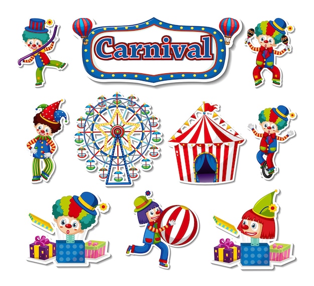 Free vector sticker set of amusement park objects and cartoon characters