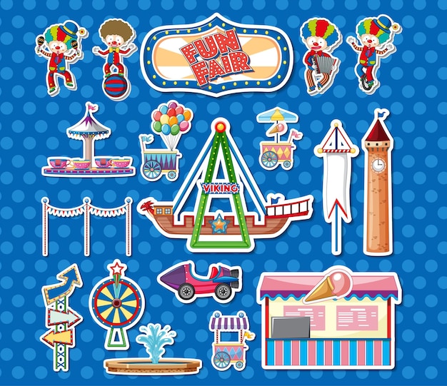 Free vector sticker set of amusement park objects and cartoon characters