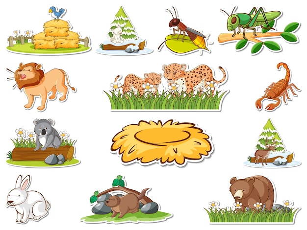 Free vector sticker set of cartoon wild animals