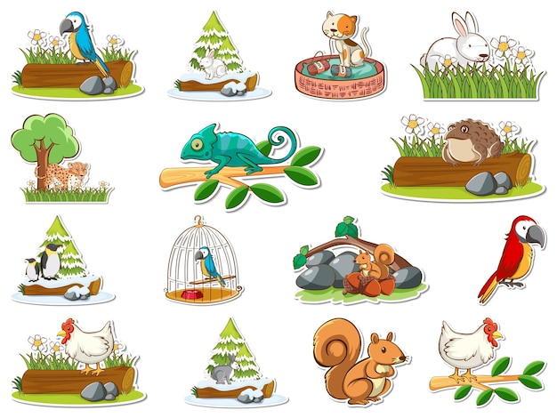 Free vector sticker set of cartoon wild animals