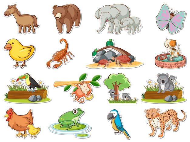 Free vector sticker set of cartoon wild animals