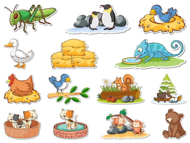 Sticker set of cartoon wild animals