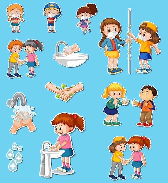 Free vector sticker set of covid19 and cartoon character
