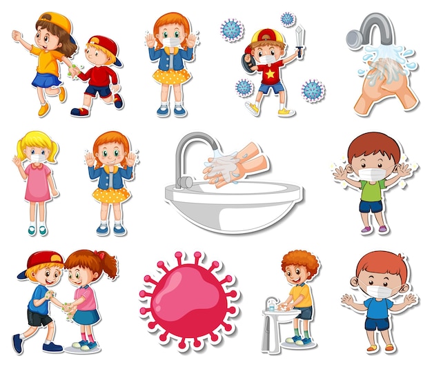 Sticker set of covid19 icons and cartoon characters