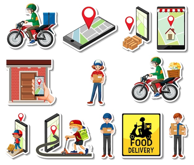 Sticker set of delivery objects and cartoon characters