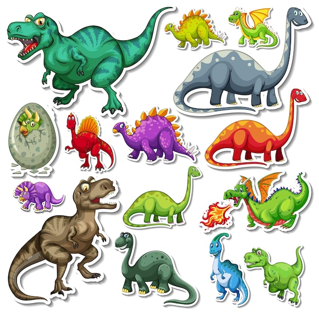 Vettore gratuito set di adesivi di diversi cartoni animati di dinosauri