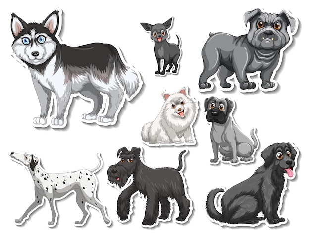 Sticker set of different dogs cartoon