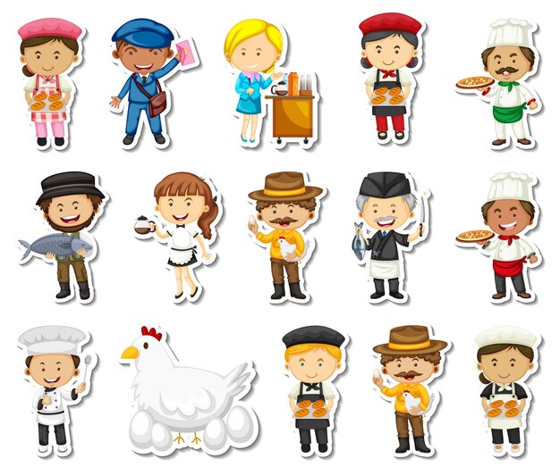 Sticker set of different professions cartoon characters