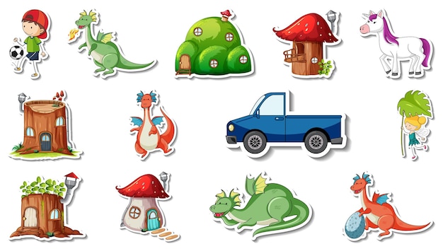 Sticker set of fantasy fairy tale cartoon characters