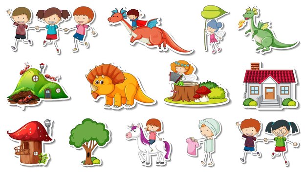 Sticker set of fantasy fairy tale cartoon characters