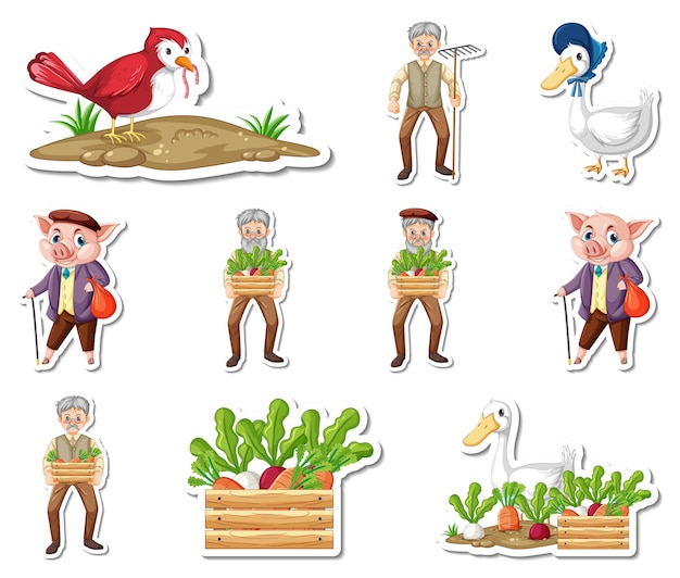 Sticker set of farm objects and farmer cartoon characters